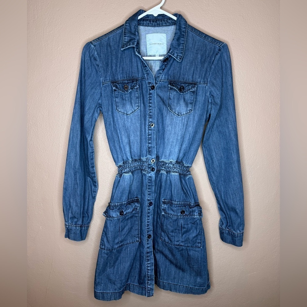 Silvian Heach Denim Cargo 100% Cotton Mini Dress Shirred Waist Button Up Size XS